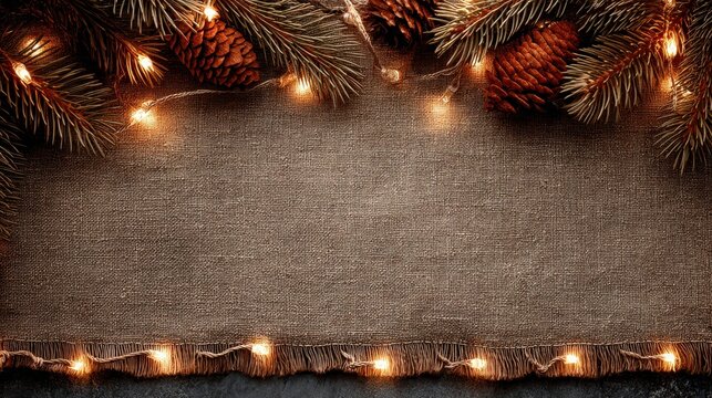 Winter pine branches and cones frame a rustic burlap fabric with string lights - Powered by Adobe