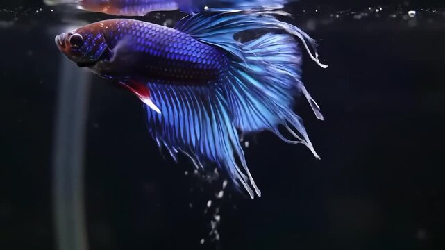 Stunning Blue Betta Fish Swimming Gracefully in Dark Water, Underwater Beauty