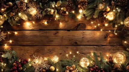 Rustic wooden background with pine cones and warm Christmas fairy lights