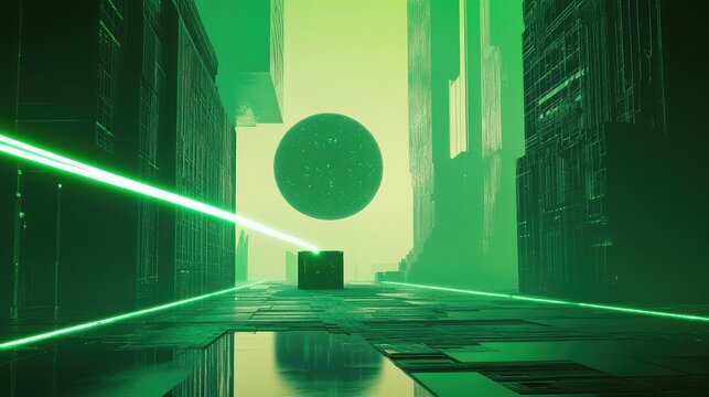 Futuristic green cityscape with floating sphere and laser beam