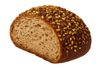 Half whole grain peasant bread loaf with crunchy seeds on top, fresh bakery product, healthy food, transparent background