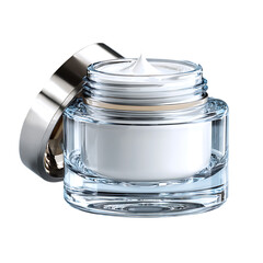 Luxury skincare product in a clear glass jar with silver lid for anti aging and moisturizing beauty routine