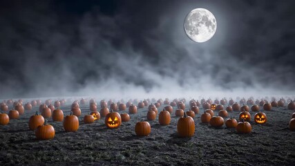 A Haunting Pumpkin Patch Under the Soft Glow of the Moonlight on Halloween Night - Powered by Adobe