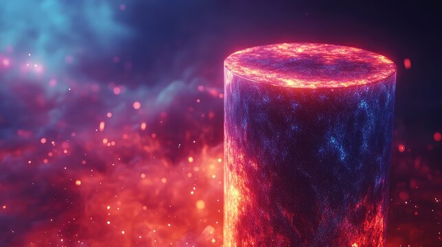Abstract cylinder glowing with cosmic fire and blue energy
