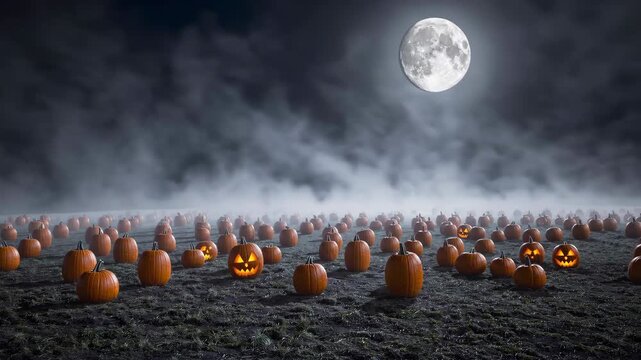  A Haunting Pumpkin Patch Under the Soft Glow of the Moonlight on Halloween Night