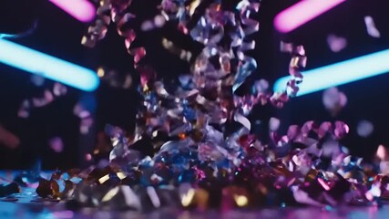 Confetti falling on a reflective surface with neon lights in the background, creating a vibrant and festive atmosphere.