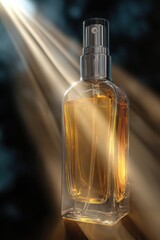 Elegant Golden Liquid Bottle, Dramatically Illuminated by Radiant Volumetric Light Rays.