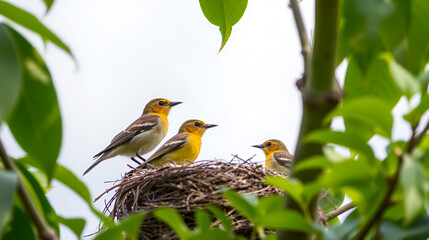 Nesting Chirping Birds Among Green Leaves