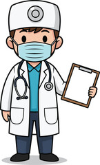 Cartoon medical doctor illustration, healthcare professional, white coat, stethoscope, clipboard, face mask, hospital staff, clinical vector, medical character art