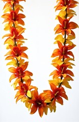 Fototapeta premium Bright orange and yellow flowers arranged as a lei. These colorful blossoms symbolize welcome and tropical vacations. Vibrant floral garland isolated on white background.