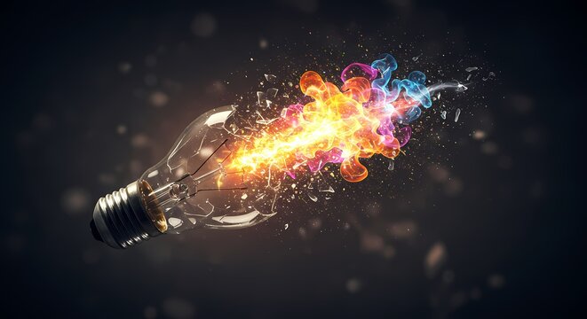 Exploding light bulb emitting vibrant flames and sparks, showcasing creativity and innovation