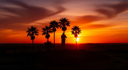 photographer silhouette, sunset view, tripod scene, orange sky, red horizon, silhouette landscape, dramatic sunset, outdoor scenery, creative composition, sky colors, nature background, sunset silhoue