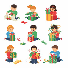 Happy children opening Christmas or Birthday presents set. Kids excited while unwrapping colorful gift boxes. Vector flat illustration.