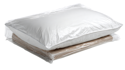Pillow and blanket in plastic packaging isolated on transparent background