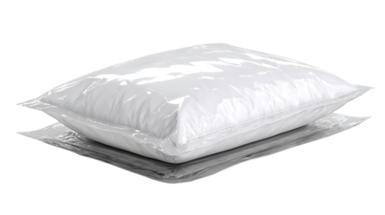 Pillow and blanket in plastic packaging isolated on transparent background