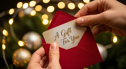 Festive Gift: Hands reveal "A Gift For You" card from red envelope.
