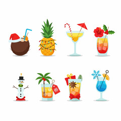 Festive Christmas Cocktails Collection: Tropical Holiday Drinks and Winter Beverages Vector Icons.