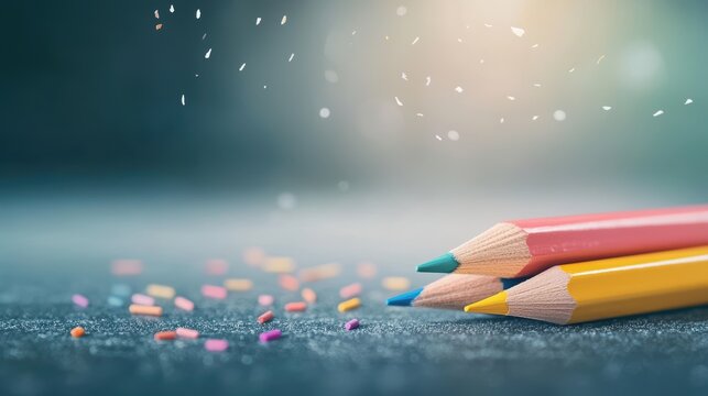 A close up of vibrant colored pencils scattered on a desk, inviting creativity and imagination.