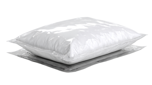 Pillow and blanket in plastic packaging isolated on transparent background
