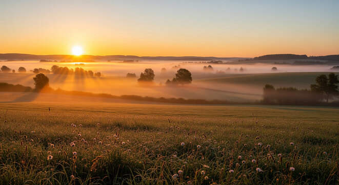 morning fog, sunrise field, misty landscape, rural scenery, orange glow, nature calm, atmospheric light, open field, serene environment, countryside view, soft lighting, outdoor morning, scenic nature