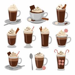 Collection of vector illustrations featuring nine variations of hot chocolate and coffee drinks with whipped cream toppings, candy canes, and cinnamon, isolated on white.