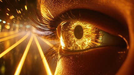 Human eye perceiving golden futuristic digital data network