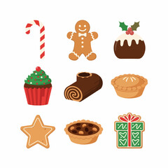A collection of traditional Christmas holiday desserts and festive sweet treats, including gingerbread, candy cane, pudding, and pies, isolated on white.