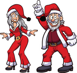 Cartoon Santa couple, festive characters, Christmas illustration, red outfits, holiday celebration, cheerful pose, winter vector, smiling man and woman, animated style