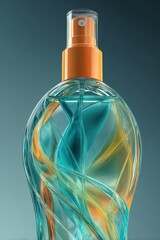 Artistic Glass Spray Bottle with Dynamic Teal and Orange Swirls, Studio Lit.