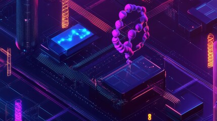 Digital prayer beads hovering over futuristic circuit board