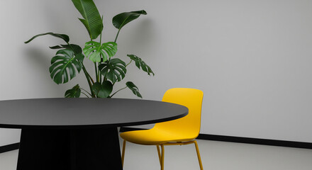 workspace interior, yellow chair, black table, tropical plant, modern office, bold colors, minimal style, interior decor, green leaves, plant background, clean design, contemporary workspace, studio l
