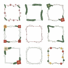 Minimalist Christmas Frame Collection: Set of nine square borders with festive elements like pine needles, gift boxes, string lights, and snowflakes, for holiday design.