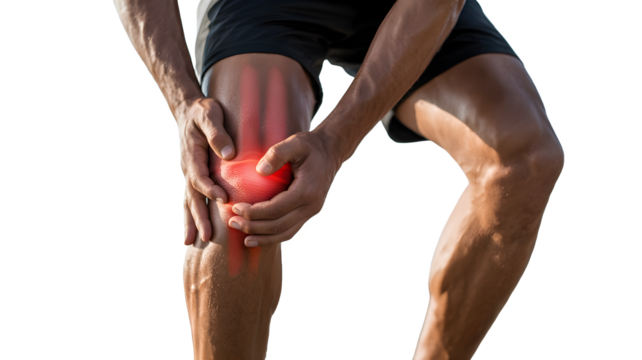Mans knee with pain highlighted in red, indicating a potential injury or medical condition healthcare and medical illustration