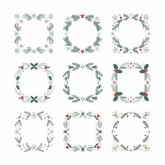 Nine Hand-Drawn Christmas and Winter Wreaths and Frames Collection. Cozy holiday illustration set with botanical elements, pine, holly, and berries in a modern muted palette.