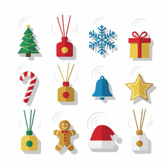 Christmas and Winter Icons Set featuring Festive Symbols, Reed Diffusers, and Holiday Treats in Flat Design Style on White Background.
