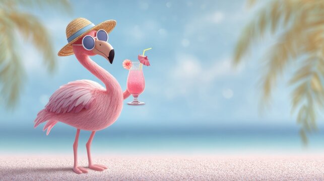Pink flamingo wearing sunglasses and a hat holds a tropical drink on a beach during sunny day