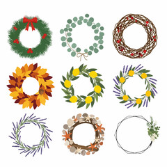 Diverse collection of nine decorative wreaths and circular frames, including Christmas, autumn leaves, lavender, lemon, and nautical seashell designs.
