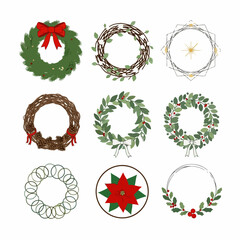 Diverse Collection of Christmas and Winter Wreaths, Frames, and Circular Borders Featuring Holly, Evergreen, Pinecones, and Poinsettia Illustrations.