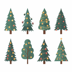 A collection of eight decorated Christmas trees in flat design style, perfect for winter holiday and festive season designs.