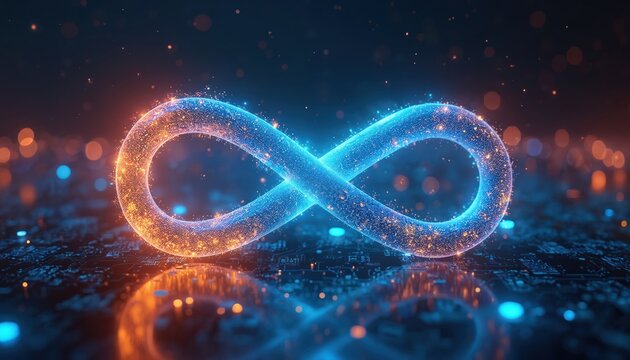 Glowing neon infinity symbol floats above digital circuit board with tiny light particles. Blue and orange energy forms abstract shape on tech background. Infinite connection concept.