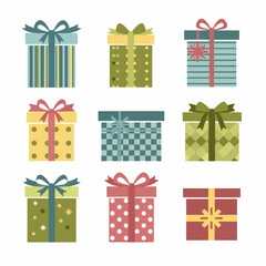 Nine colorful flat design gift boxes isolated on white background. Collection of festive presents with various patterns, ribbons, and bows, symbolizing celebration and surprise.