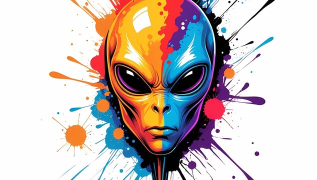 A colorful alien face with paint splatters background
