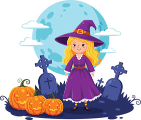Cartoon witch girl in spooky graveyard with pumpkins, full moon, and gravestones in festive Halloween night illustration