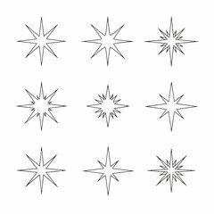 Nine Starburst Outline Vector Icons Set. Various Sparkle Shapes, Explosion Graphic Elements, or Light Ray Symbols Collection Isolated on White Background.