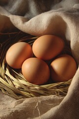 Four Brown Eggs in Rustic Nest on Soft Fabric, Gently Lit, Evoking Wholesome Simplicity.