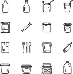 Set of 16 black line icons for food, drink, and medical containers including bottles, pouches, and utensils