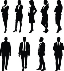 Set of business people silhouettes in formal attire, male and female professionals standing confidently, corporate teamwork illustration