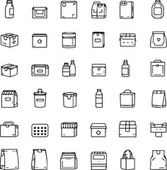 Grid of 35 black line icons for packaging types including bottles, boxes, jars, bags, and containers