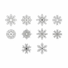 Minimalist set of 10 stylized black line art snowflakes, perfect as Christmas and winter design elements or vector illustrations.