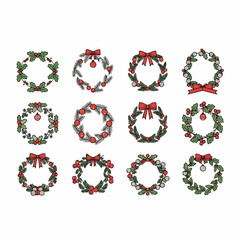 Set of 12 Christmas Wreaths vector icons and clip art designs featuring festive holly, pine branches, red berries, bows, and ornaments, isolated on white.